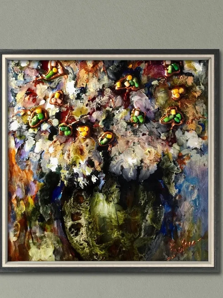 Abstract chrysanthemums in a vase,stained glass painting,fantasy glass flowers decorated with faux coral beads,unique handmade gift.