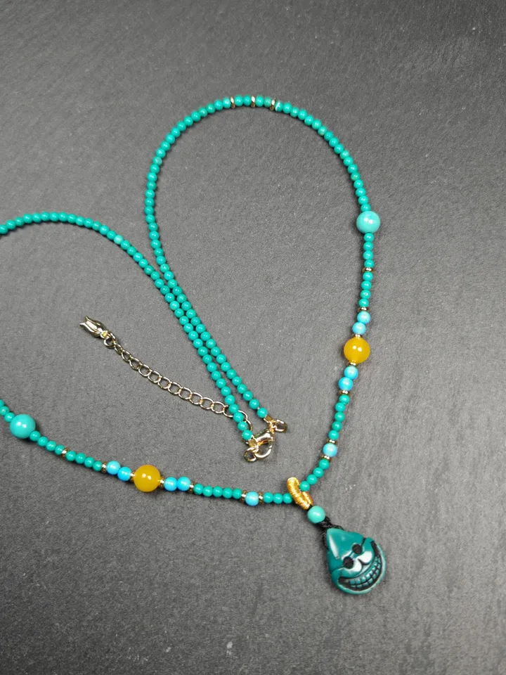 Authentic Turquoise Citipati Skull Protective Necklace,Gandhanra Tibetan Turquoise Amulet for Woman,23cm Length, Spiritual Gift