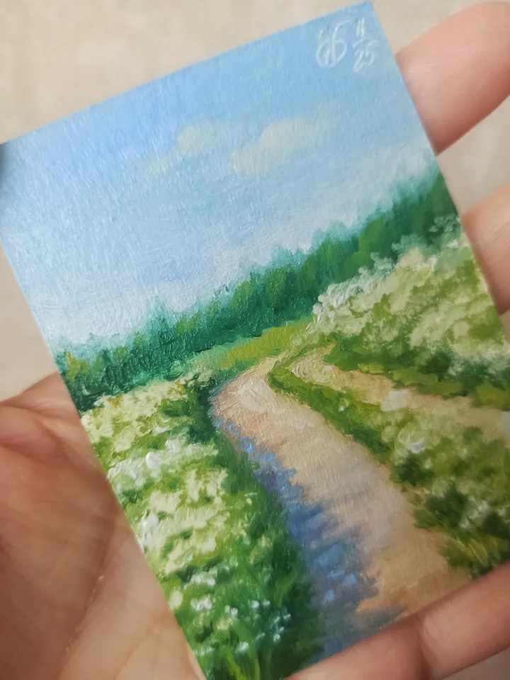 Original oil painting ACEO, Road in a field with white flowers, Summer countryside landscape, Collection card 2,5x3,5 in