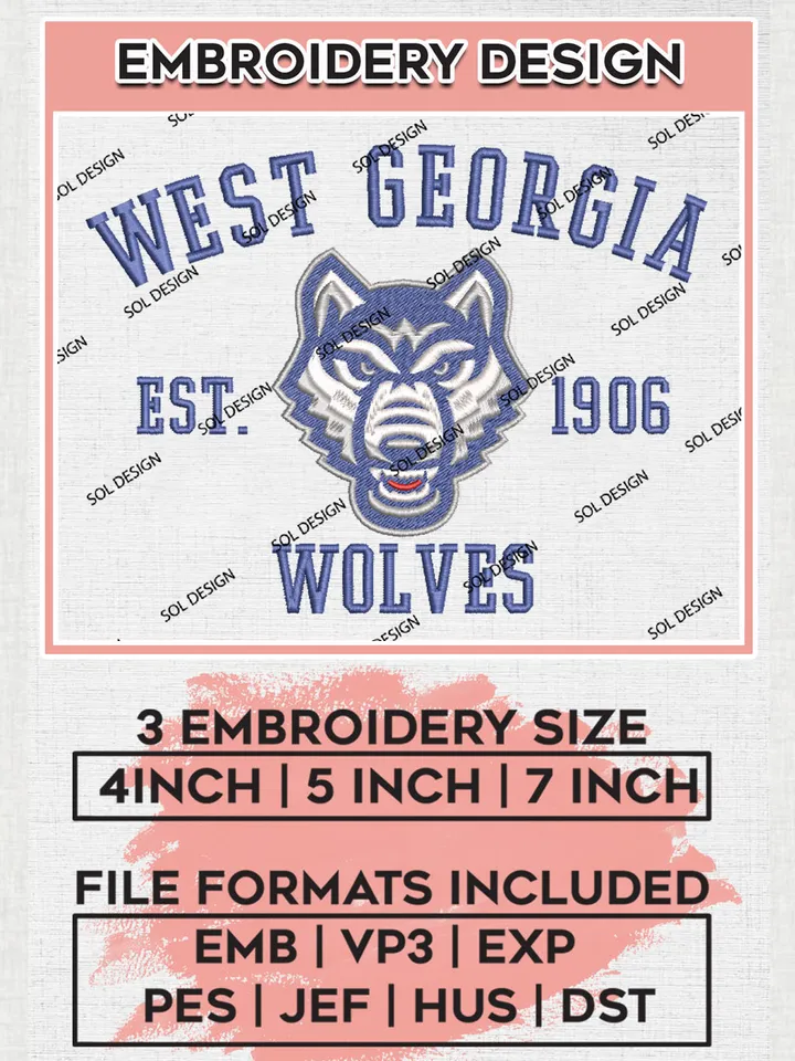 NCAA West Georgia Wolves Est 1906 Team Logo Embroidery Design Files, NCAA West Georgia Wolves Machine Embroidery, NCAA Teams, 3 sizes, NCAA Machine embroidery designs, Digital Download