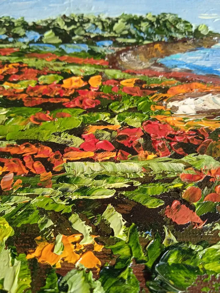 Landscape original oil painting of mountains and wildflowers impasto art