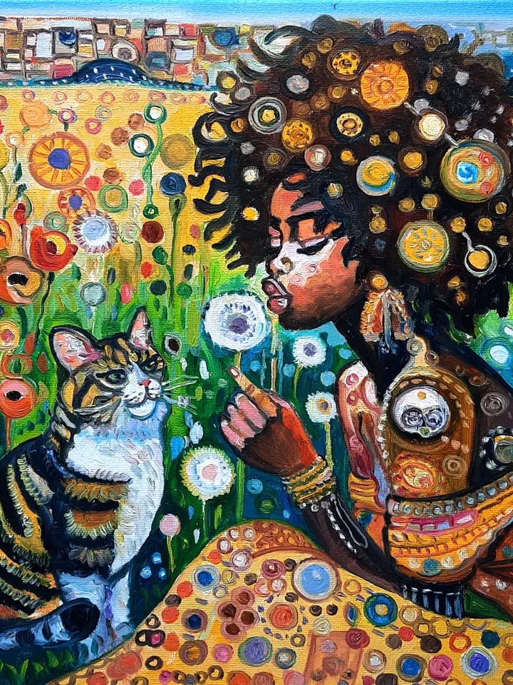 African Girl and Cat   Art  Original Oil painting Oil on canvas