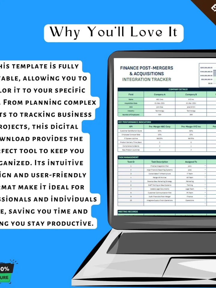 Finance Post-Mergers & Acquisitions Integration Tracker Template, Editable Google Sheets, Business Integration Tool