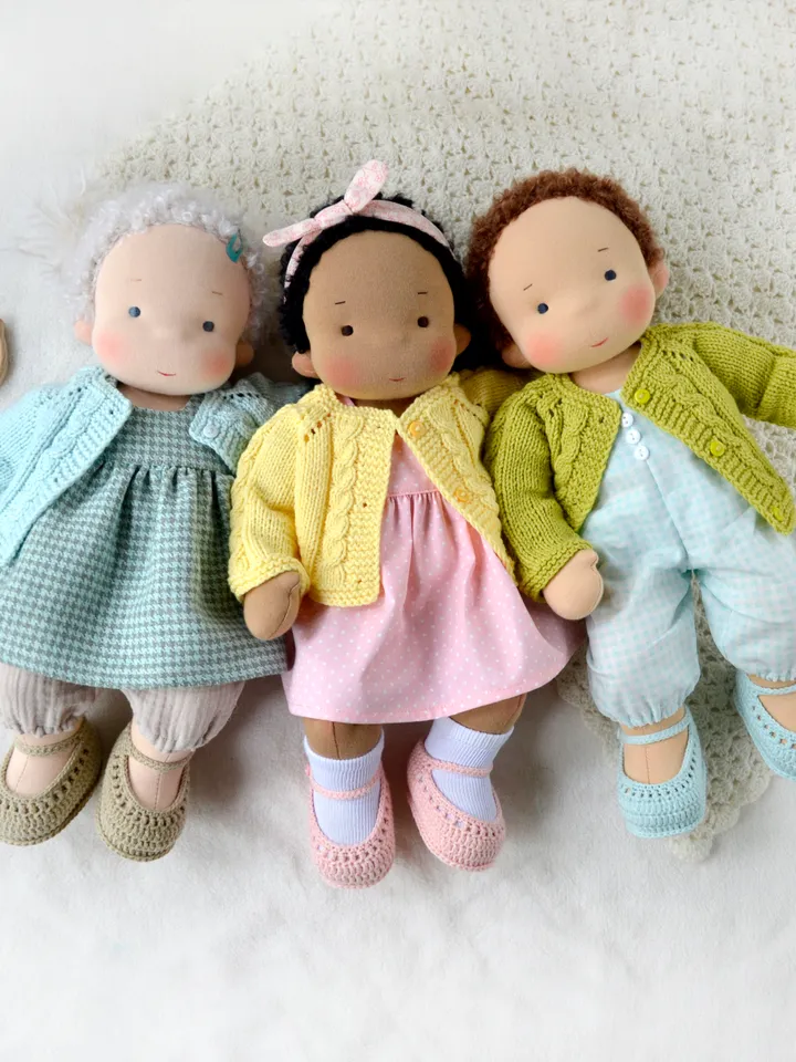 DIY 14-16"/36-40 cm Doll Cardigan & Booties. PDF knitting and crochet pattern and tutorial.
