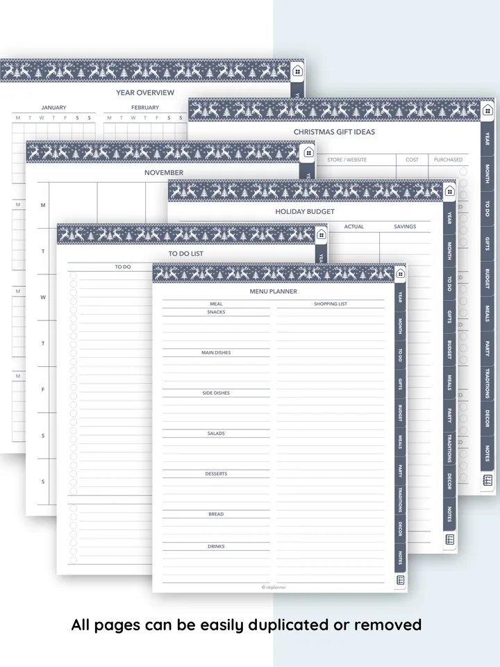 Christmas holiday planner. Event meal journal. Christmas gifts log. Holiday budget planning. Advent calendar for kids