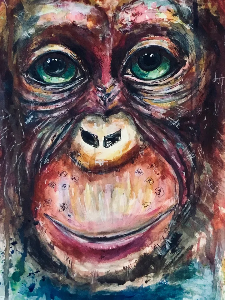 Funny Monkey original painting,watercolour mix media fantasy painting ,chimpanzee painting,animals original artwork,monkey wall art