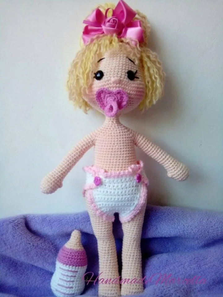 Handmade Crochet Baby Doll โ 37 cm Dress-Up Doll with Bottle & Pacifier โ Montessori-Inspired Soft Toy โ Gift for Girls