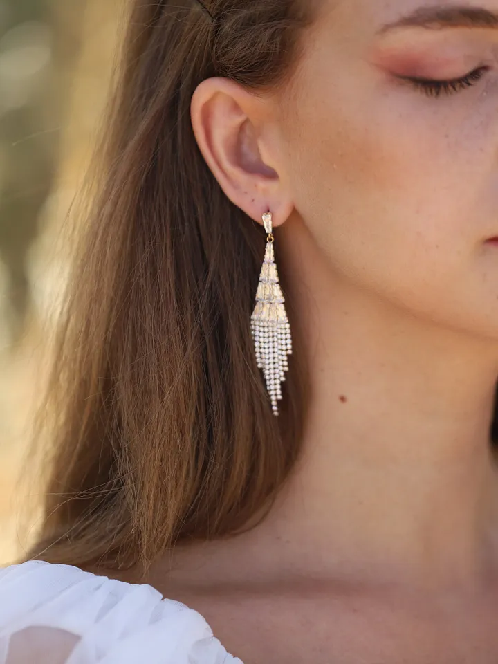 Silver, Gold Boho Wedding Earrings, Long Bridal Earrings, Vintage Wedding Jewelry For Brides, Swarovski Crystal Statement Bridal Jewelry