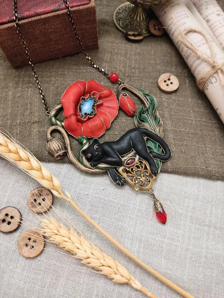 Poppy red necklace, Poppy pendant, Panther necklace, Black Panther, Panther pendant