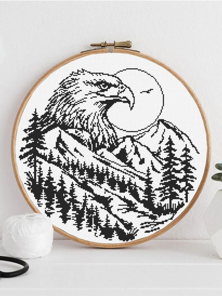 Bald eagle cross stitch pattern PDF download Mountain landscape cross stitch chart, Monochrome nature pattern digital, Beginner stitch #L83