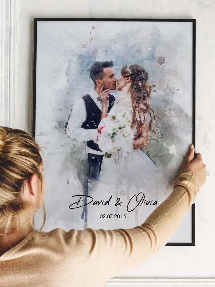 Watercolor Couple Portrait from Photo Custom Wedding Anniversary Gift Wife Husband Parents Engagement Gift for Friend