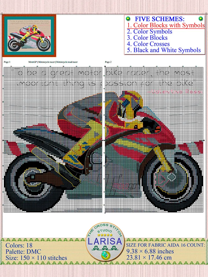 Motosport Cross Stitch Pattern | Motorcycle Racer | Motorbike | Sport Bike