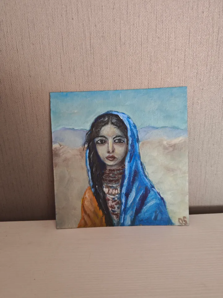 Bedouin Girl Portrait Original Painting Girl In Blue Scarf Original Art Bedouin Girl Modern Artwork Bedouin Girl In Blue Scarf Wall Decor Bedouin Woman Oil Painting 6x6 inches by OlgaSokolovaArt