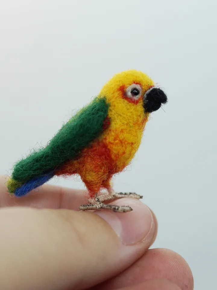 Miniature needle felted Jenday Conure, miniature parakeet, tiny parrot, made to order