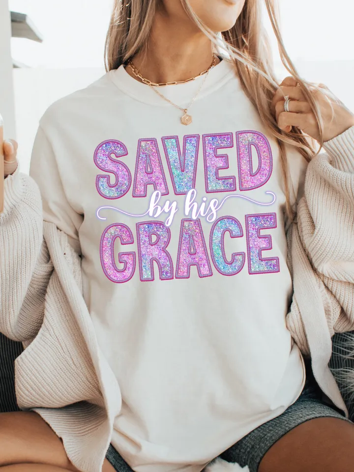 Saved By His Grace Faux Sequins Embroidered PNG, Easter Christian Png, Easter Bible Verse, Risen doodle png, retro easter png, Boho Design