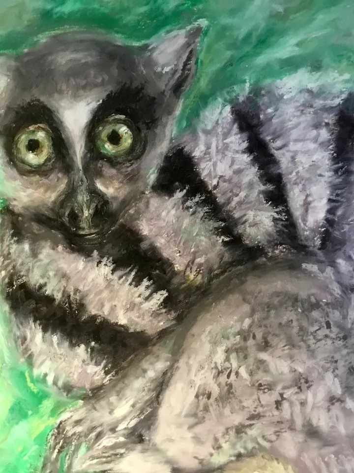 Lemur oil pastel painting,original animals painting,funny animals wall art,kids room decoration,lemur paintings gifts,affordable artwork.