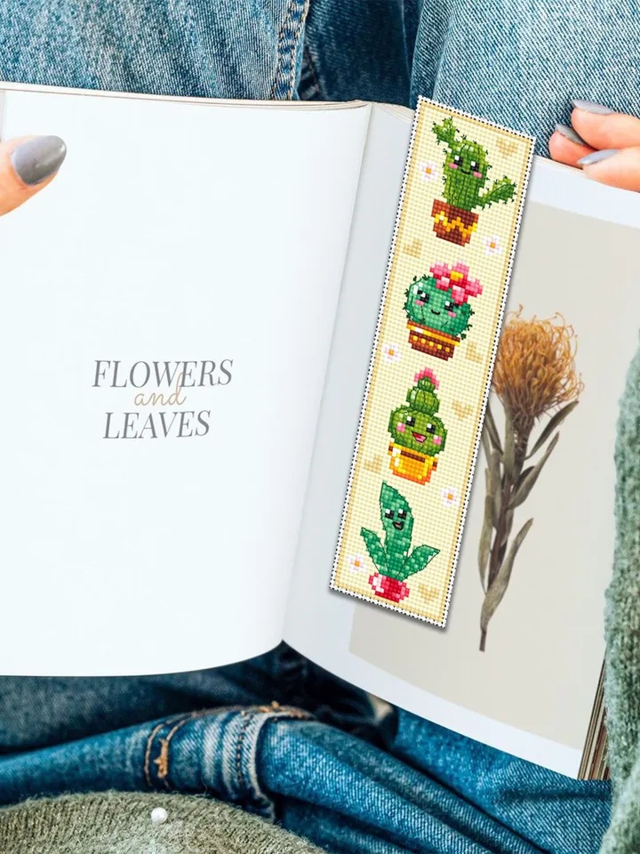 Cactus bookmark cross stitch pattern PDF download Kawaii cactus cross stitch chart, Floral bookmark pattern digital PDF, Potted plants #B342