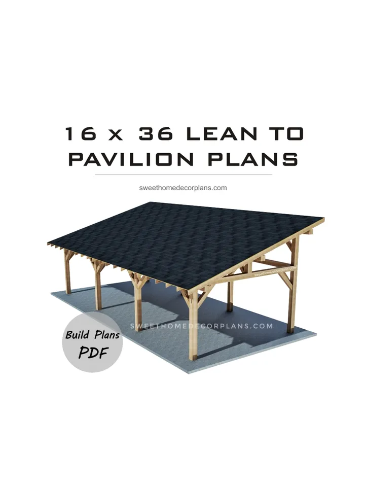 DIY 16 x 36 lean to pavilion plans pdf. Detached carport plans. Wooden covered gazebo outdoor plans. Timber frame backyard garage plans.