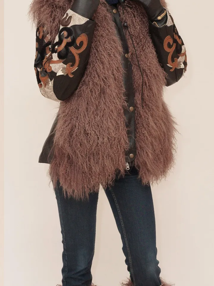 Gaiters made of natural Tibetan fur llama of light brown color. Real Mongolian fur lama gaiters by Sofalee