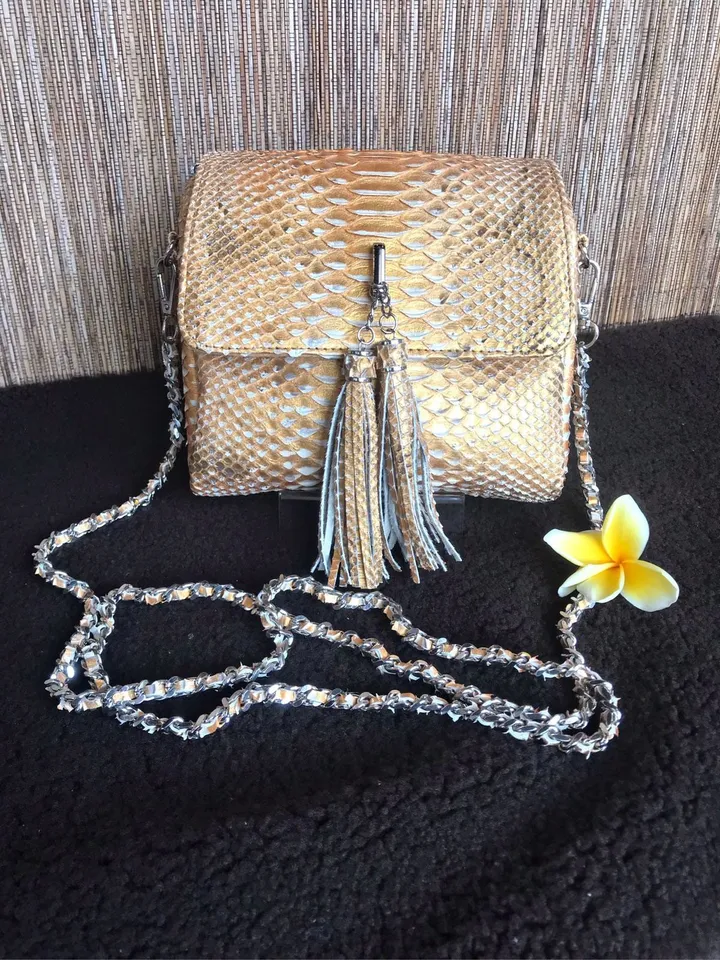 Genuine Python Skin Crossbody Bag | Chain Tassel beige gold bag | Leather Woman Free Shipping Handmade Summer purse | exotic leather bag