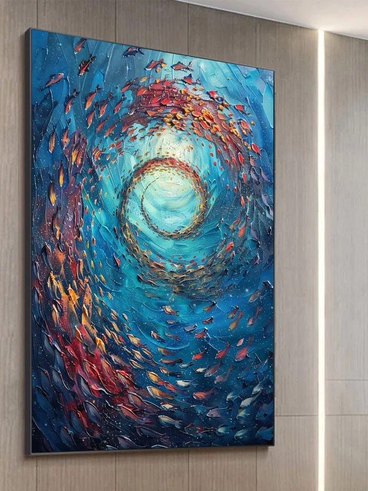 Original School of Fish Oil Painting On Canvas, Abstract Blue Underwater World Art, Ocean Painting, Custom Painting, Living Room Wall Art
