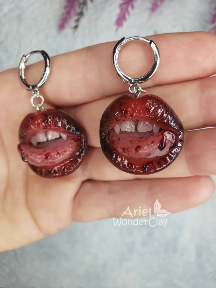 Only to be custom made (orders being taken for the middle of February 2025, message me on Instagram if you'd like to order) Gore bloody Vampire Lips earrings, stainless steel