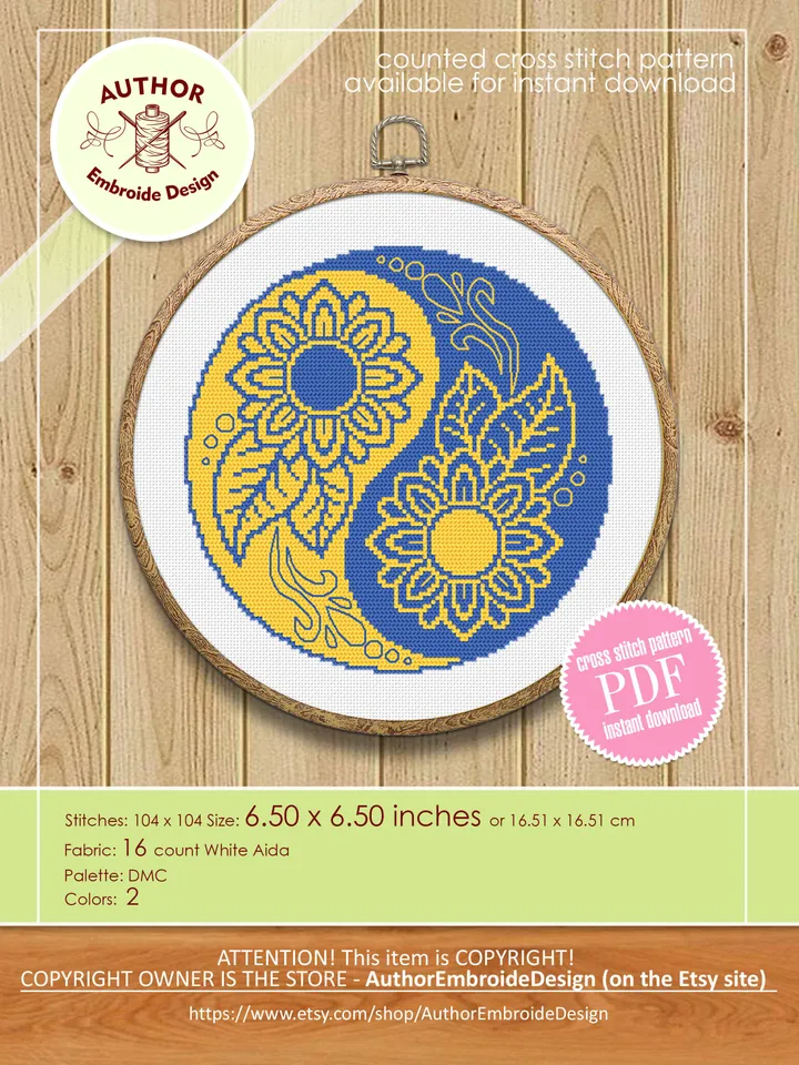 Yin yang mandala cross stitch pattern download PDF Ukraine sunflower cross stitch chart, Small flower mandala digital pattern PDF #M219