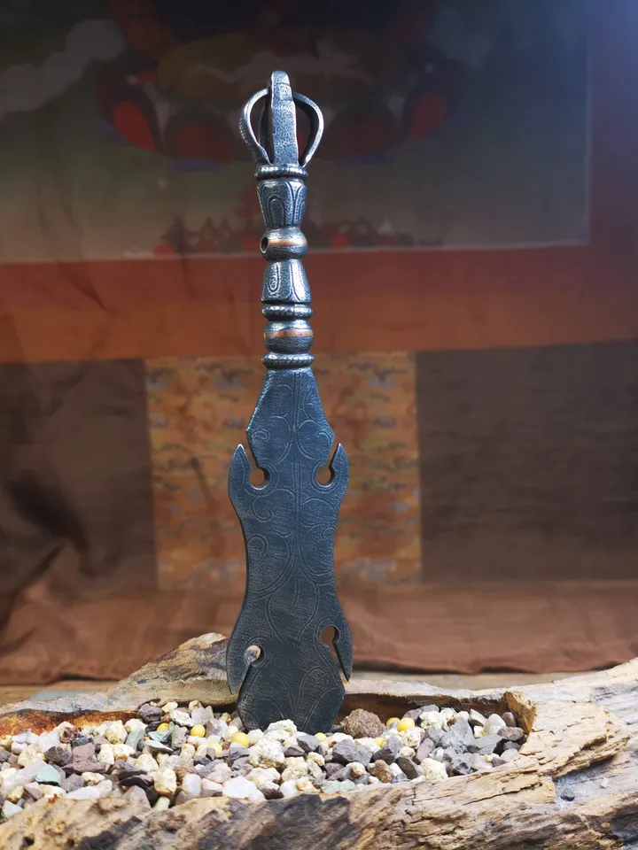Gandhanra Tibetan Amulet Kila Dagger (Dorje Phurba),Dharma Ritual,Altar Tool,Made of Cold Iron inlaid with Copper