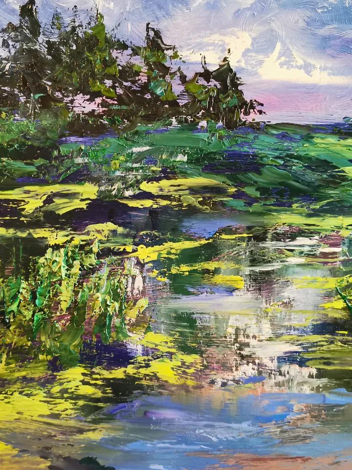 Rainbow River Pond Forest Sky Original Impasto Art Oil Painting Artist Svinar Oksana
