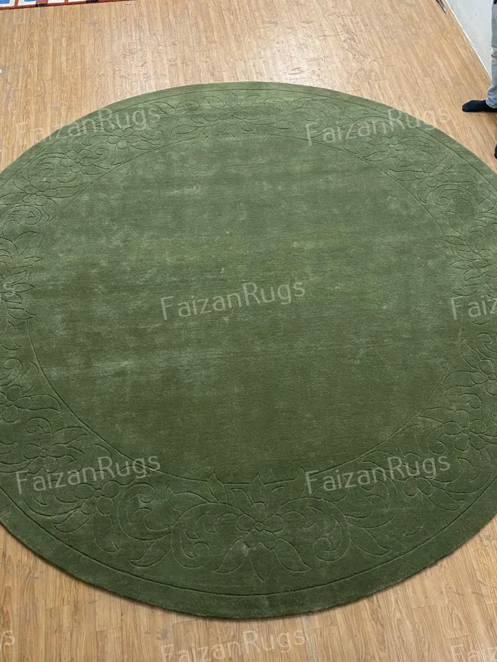 Ready to Ship 11x11 Green Hand Tufted Rug | Hand Carving Rug | Circle Shape Rug 100% Wool For Kids Room | Living Room | Bed Room Nursery