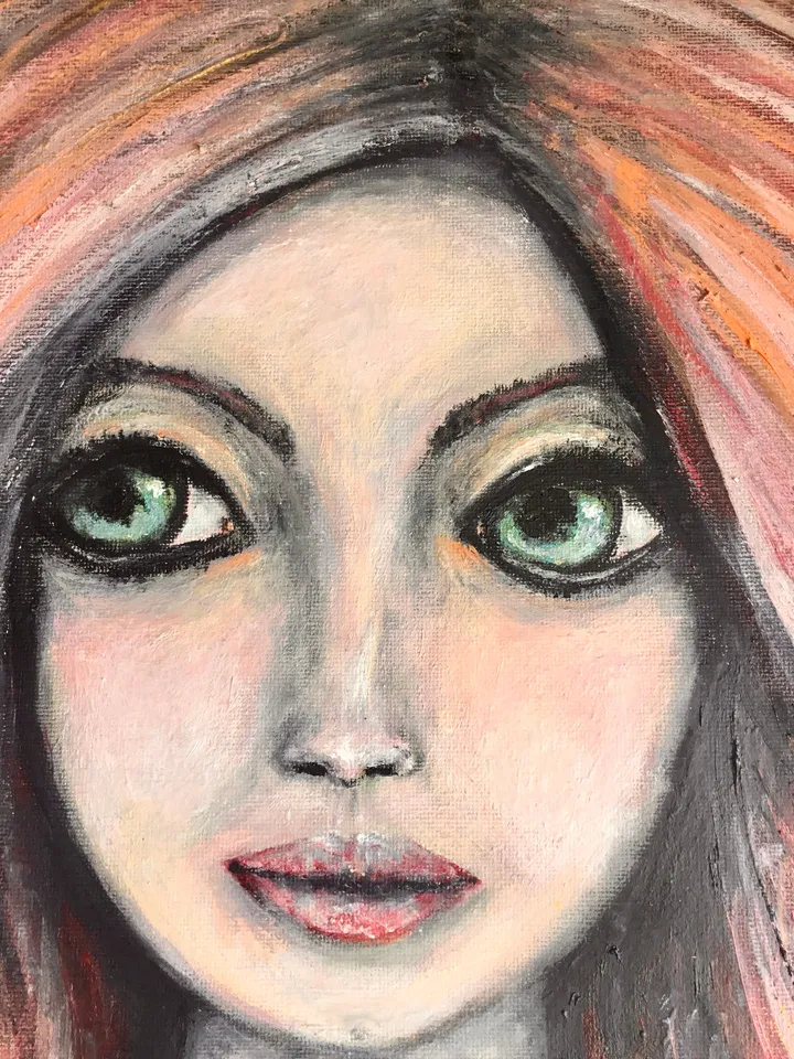 Madlen doll original oil and acrylic mix media painting on stretched canvas.decorated with natural rose river pearls,abstract background.