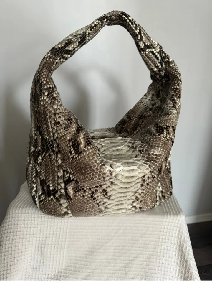 Soft Hobo Classy Sport Woman Stitched Bag | Purse Genuine Python Skin | Gray Big Elegant Leather Designer Soft Bag Snake | reptile hobo