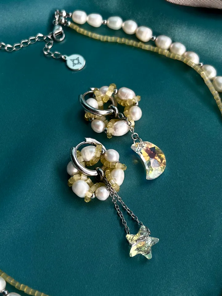 Pearl Jewelry Set Necklace Bracelet Earrings Swarovski pendant CRYSTAL SKY