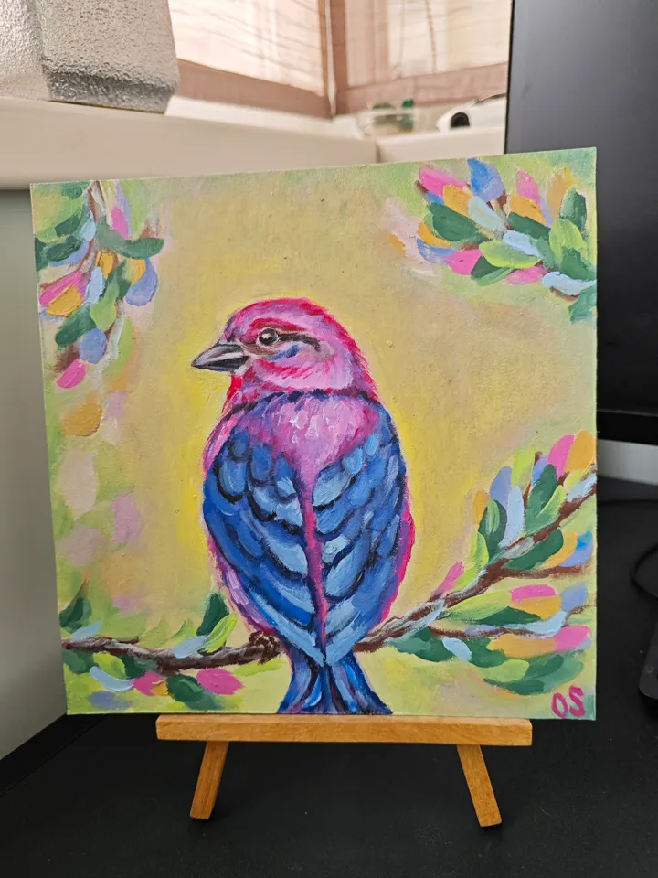 Bird Original Painting Bright Bird Original Art Animal Modern Artwork Multicolored Bird Wall Art Bright Bird Oil Painting 8x8 inches by OlgaSokolovaArt