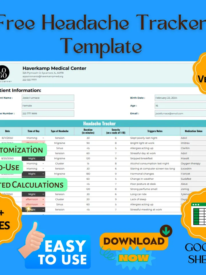 Free Headache Tracker Template, Editable Google Sheets Digital Download, Easy-to-Use Pain Management Log, Migraine Tracker