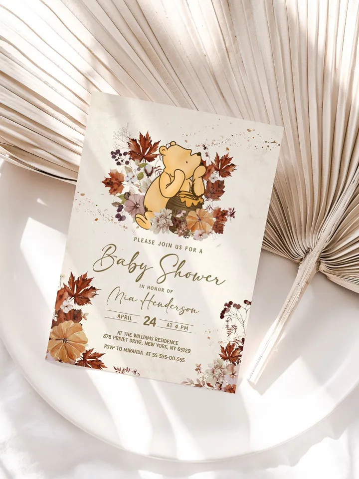 Autumn Winnie Pooh  Pumpkin Baby Shower Invitation; Pooh Baby Shower Editable Template; Pooh Pumpkin Baby Shower; Baby Shower trend  wpum12