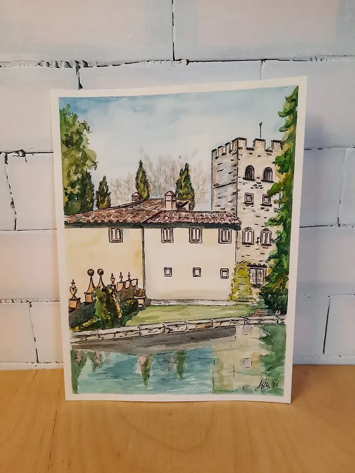 Original Watercolor painting Landscape Old castle Italy painting House painting