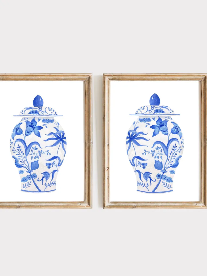Blue Chinoiserie Vase Set Of 2 Wall Art, Ginger Jar Wall Art, Blue And White, Chinoiserie Chic, Vintage Art Print, Vase Still Life