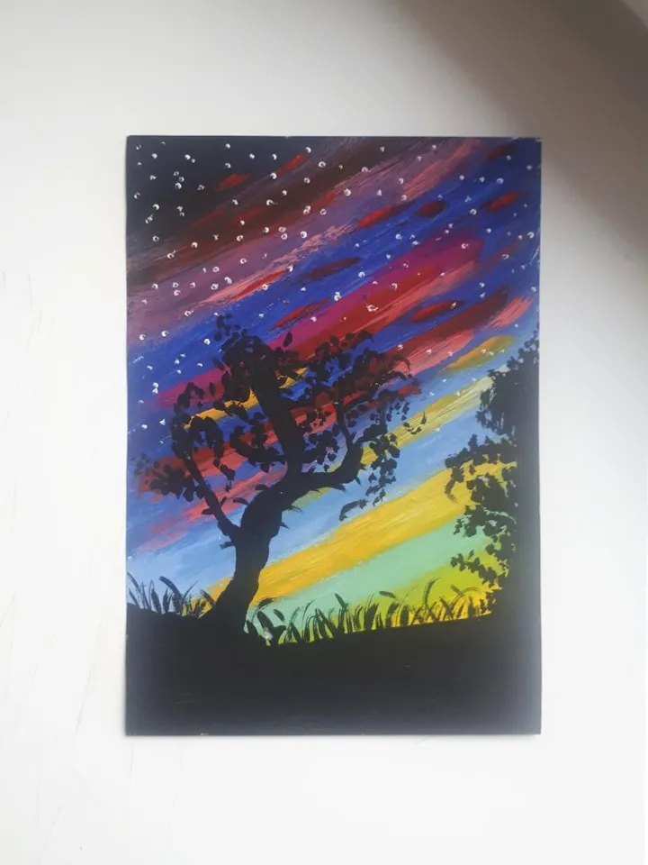 Aurora Borealis Nothern Lights Painting, Acrylic on Paper, Nothern Landscape
