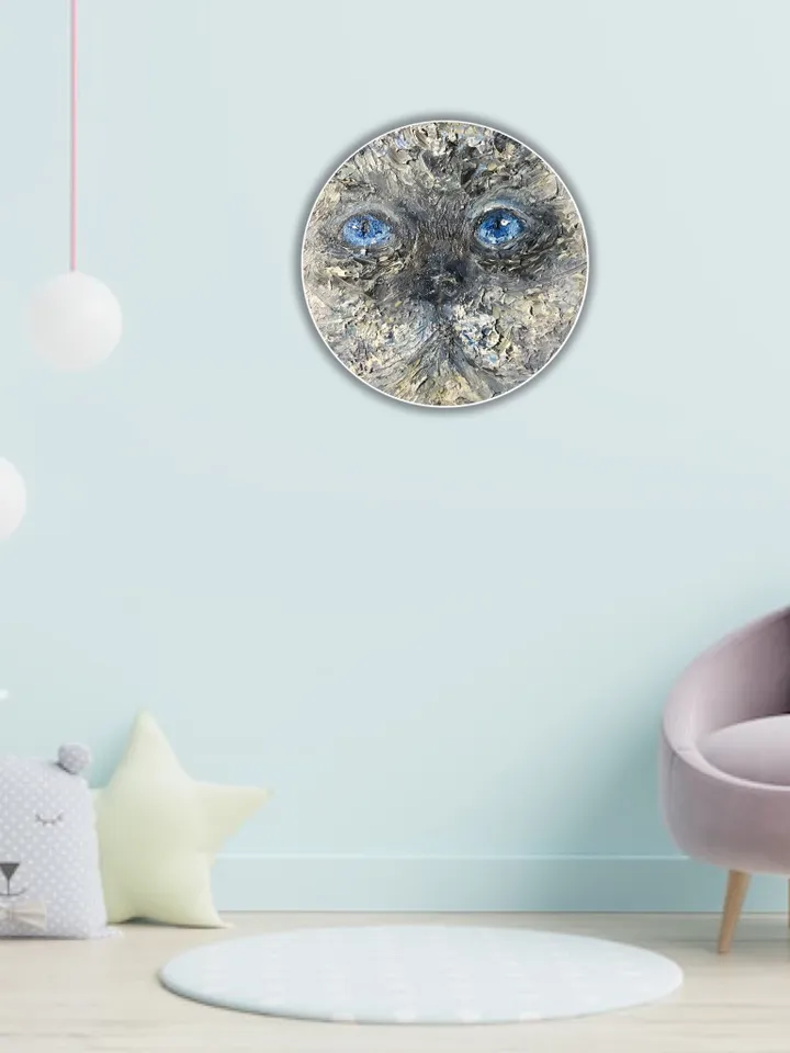 Himalayan blue eyed cat original oil painting on round canvas,impasto textured artwork,kids room decoration cat lovers gifts,