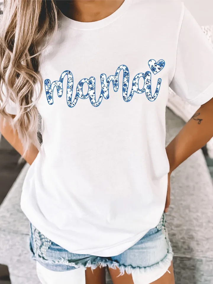 Chinoiserie Floral Mama Blue Willow Filled PNG Digital Download Hand Drawn Sublimation, Trendy Mother's Day, chinese style ceramic pattern