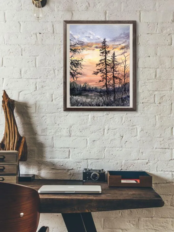 Landscape Original Painting Sunset Watercolor Painting Trees Forest Wall Art