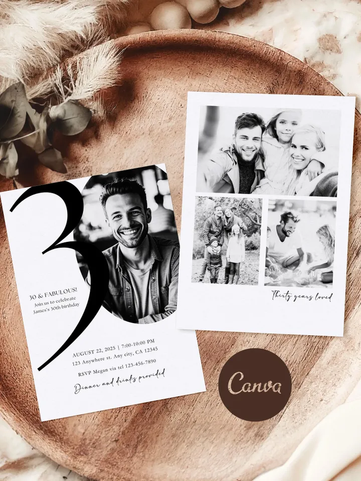 30th Birthday Party Invitation Card, Look Who's 30, Editable 30th Birthday Card Template, Printable Minimalist Birthday Photo Card Canva