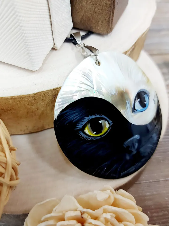 Pendant Mother-of-pearl "Yin-Yang Cat" miniature hand-painted. Russian jewelry. Gift for cat lovers. Hand-painted Necklace. MOP