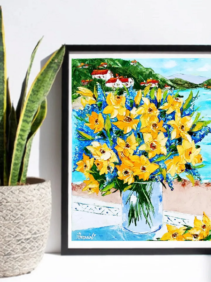 Daffodils Painting Italy Original Art 20x16 Italy Amalfitan Seaside Coast Painting Panorama Blooming Marina Southern Sorrento Art