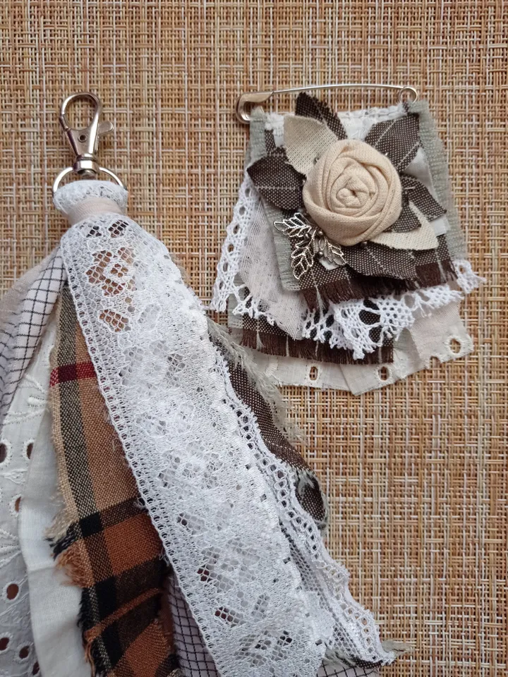 Set of brooch and keychain made of ribbons and boho fabric