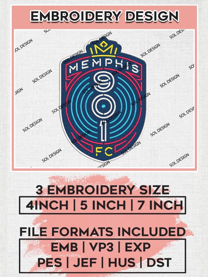 USLC Memphis 901 FC Logo Embroidery Designs, USLC Memphis 901 FC Embroidery Design, USLC Embroidery Design Files, USLC Logo, 3 sizes, Machine embroidery Files, Digital Download