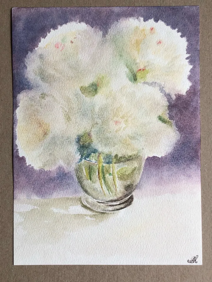 White pionies in vase wall art hand painted modern watercolour painting