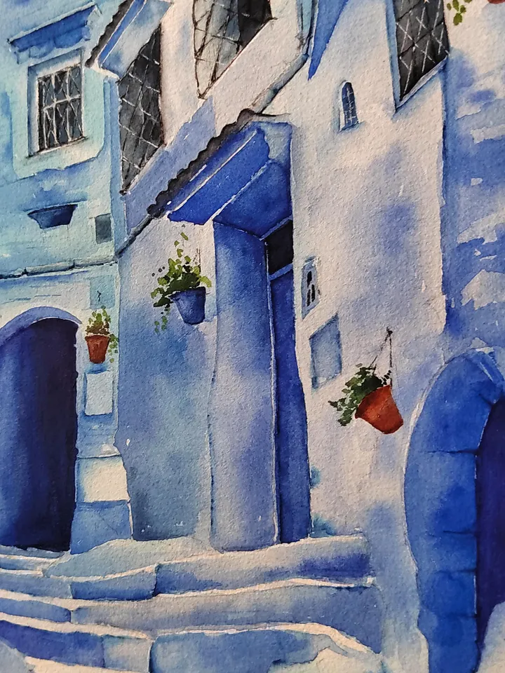 Blue Town Morocco Painting Chefchaouen Artwork Chaouen Original Watercolor Art 11.81x15.74 in by Art Café