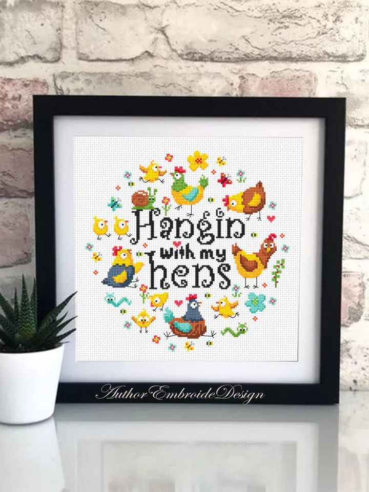 Funny chickens cross stitch pattern PDF instant download Hangin with my hens cross stitch chart, Funny pattern digital PDF for friends #Q64